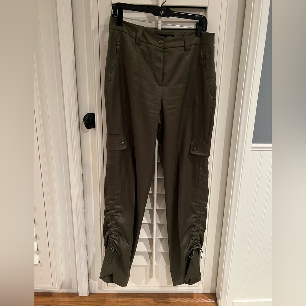 Olive green satin cargo pants w drawstrings